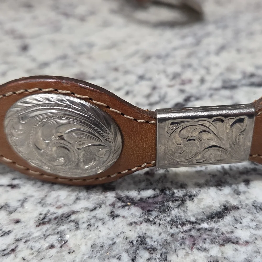 Western Leather Belt Hand Tooled Silver Buckle Conchos Made in USA 32" Unisex - Picture 4 of 8